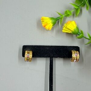Butler Signed Vintage Gold Hoop Earrings with Multicolor Crystals